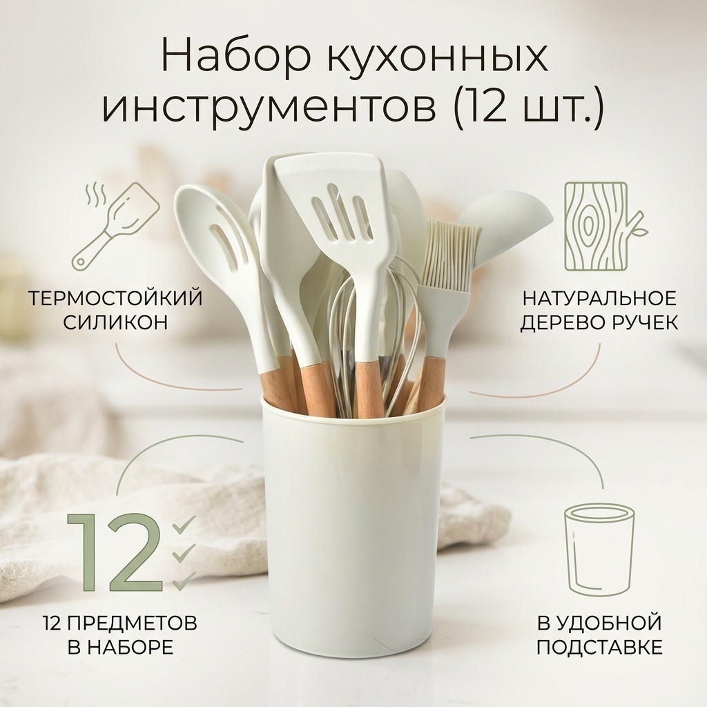 Набор кухонных инструментов Kitchen & Dining дерево, силикон, 12 шт