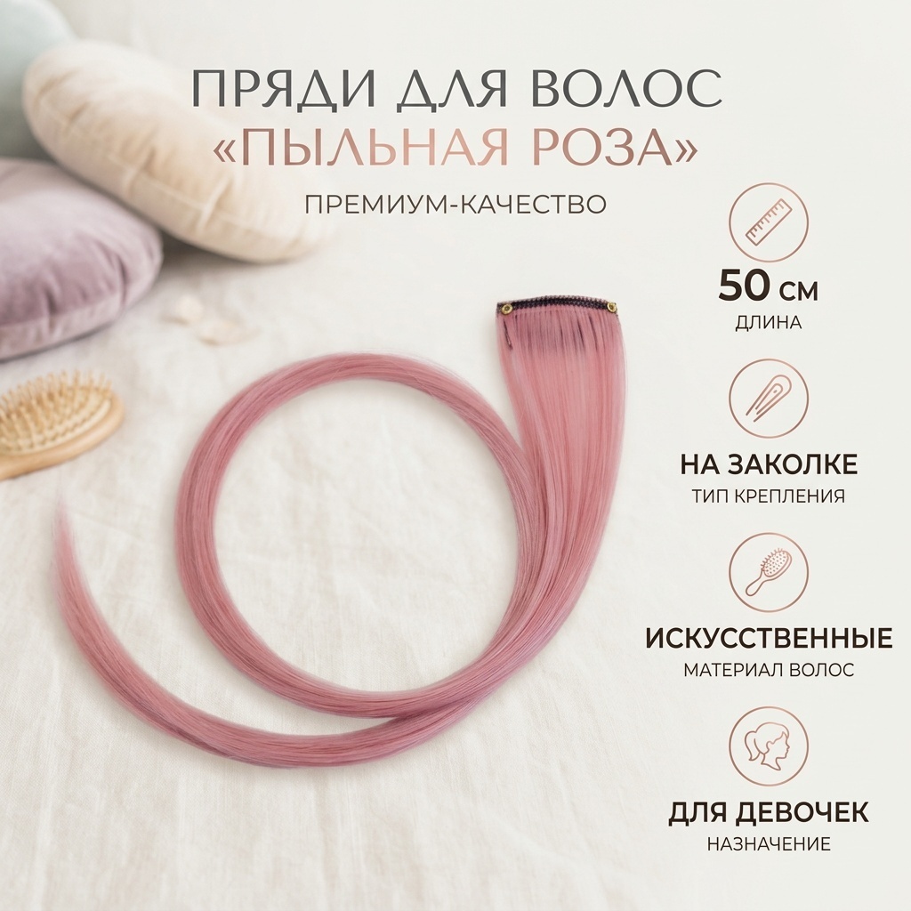 Пряди на заколке пыльная роза для девочки 50 см