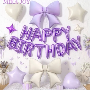 Набор воздушных шаров MIKA JOY Happy Birthday с бантами 19 шт, фиолетовый, белый