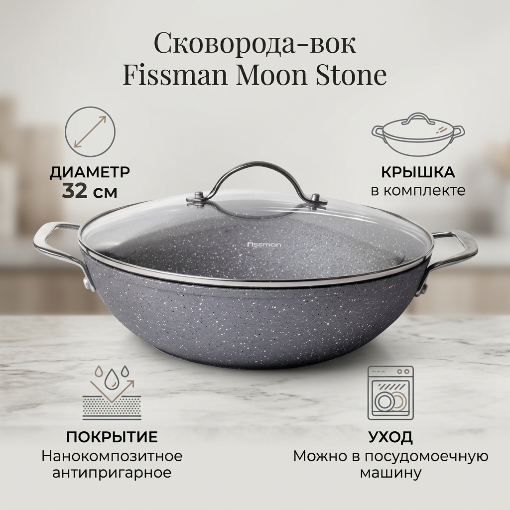 Вок Fissman Moon Stone 32 см с антипригарным покрытием, алюминий
