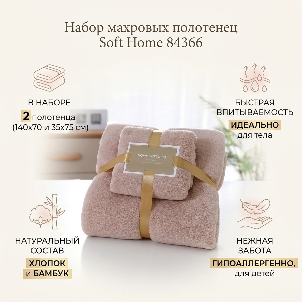 Полотенце, набор для купания, набор полотенец SH 140x70 см, хлопок, бамбуковое волокно, 2 шт,