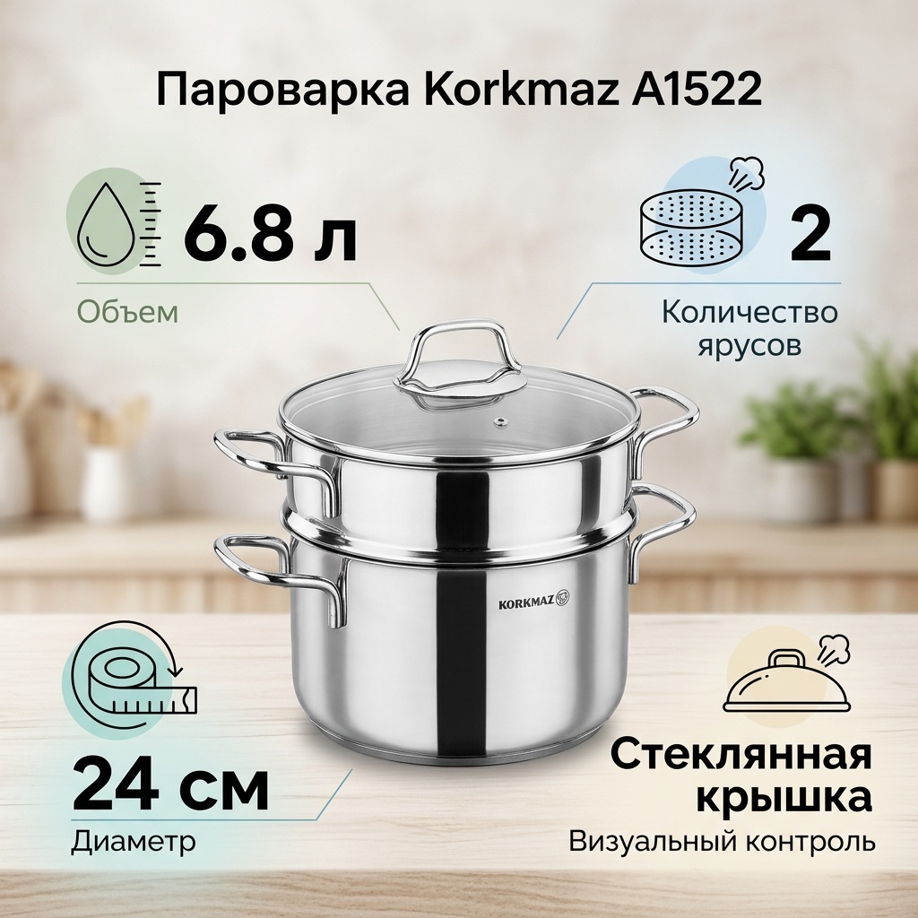 Пароварка 6 л, Korkmaz нержавеющая сталь, количество ярусов: 2