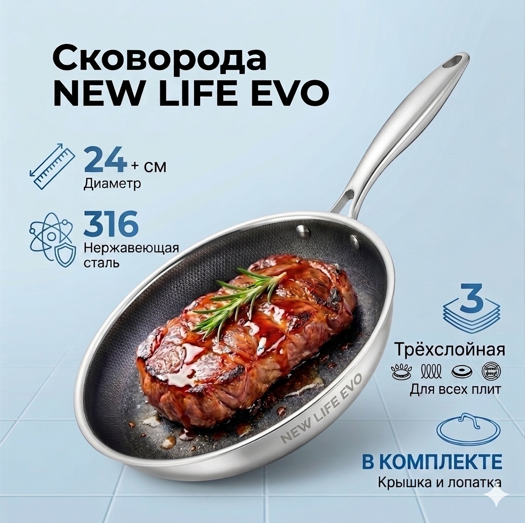Сковорода New Life 24 см с антипригарным покрытием, нержавеющая сталь