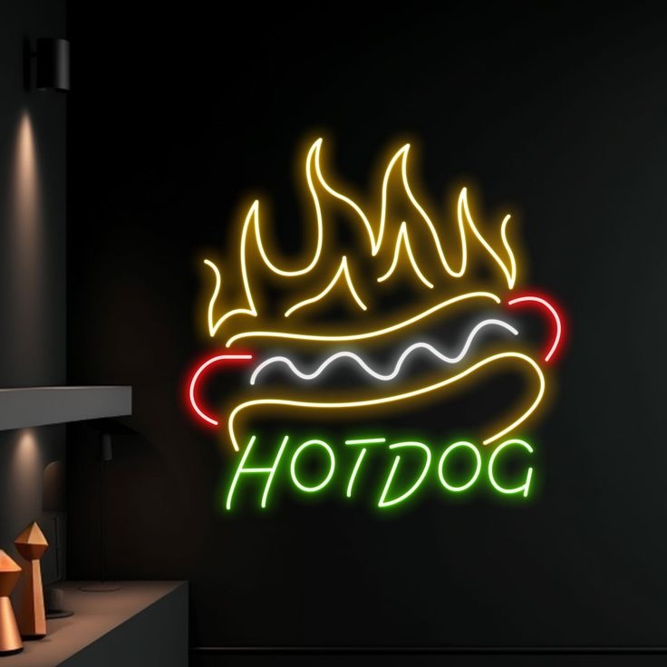 Неоновая вывеска настенный HotDog, холодный белый, желтый, зеленый, красный
