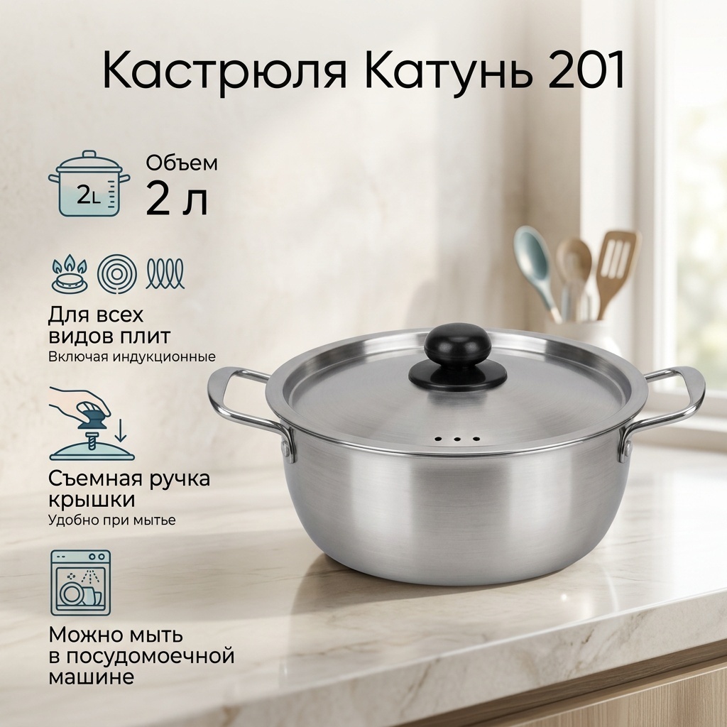 Кастрюля 2 л, Катунь 201 нержавеющая сталь