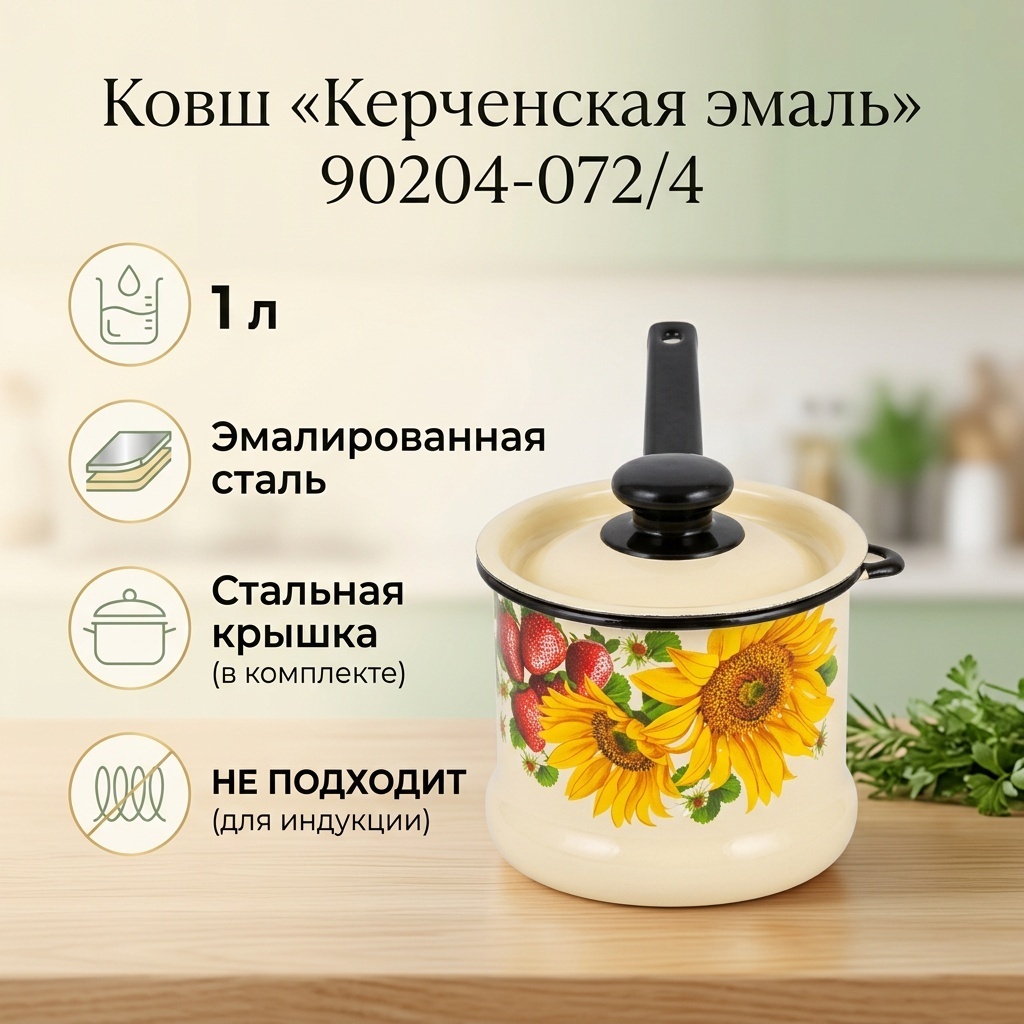 Ковш 1 л, Керченская эмаль 90204-072/4 сталь