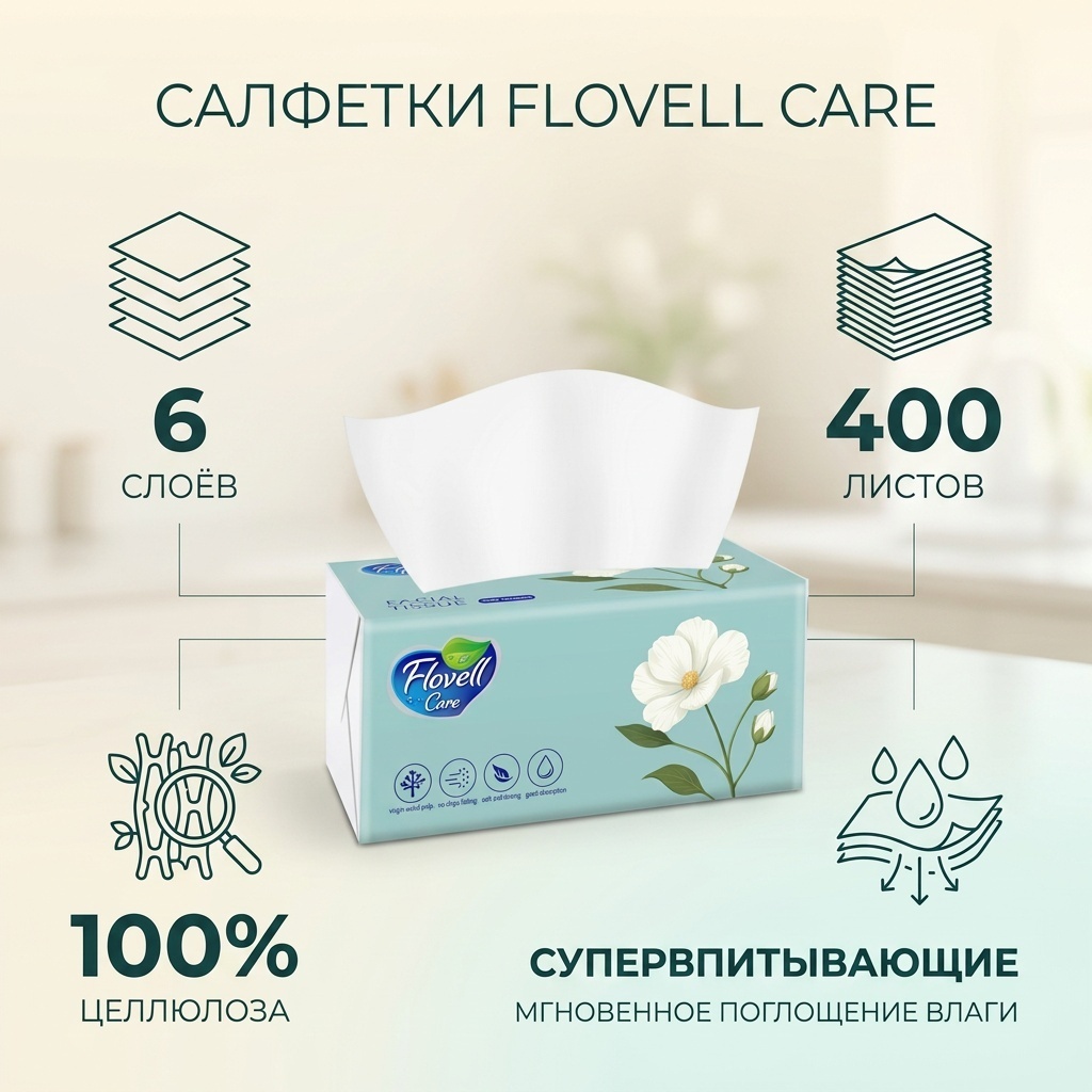 Бумажные салфетки Flovell Care 6-слойные 400 шт