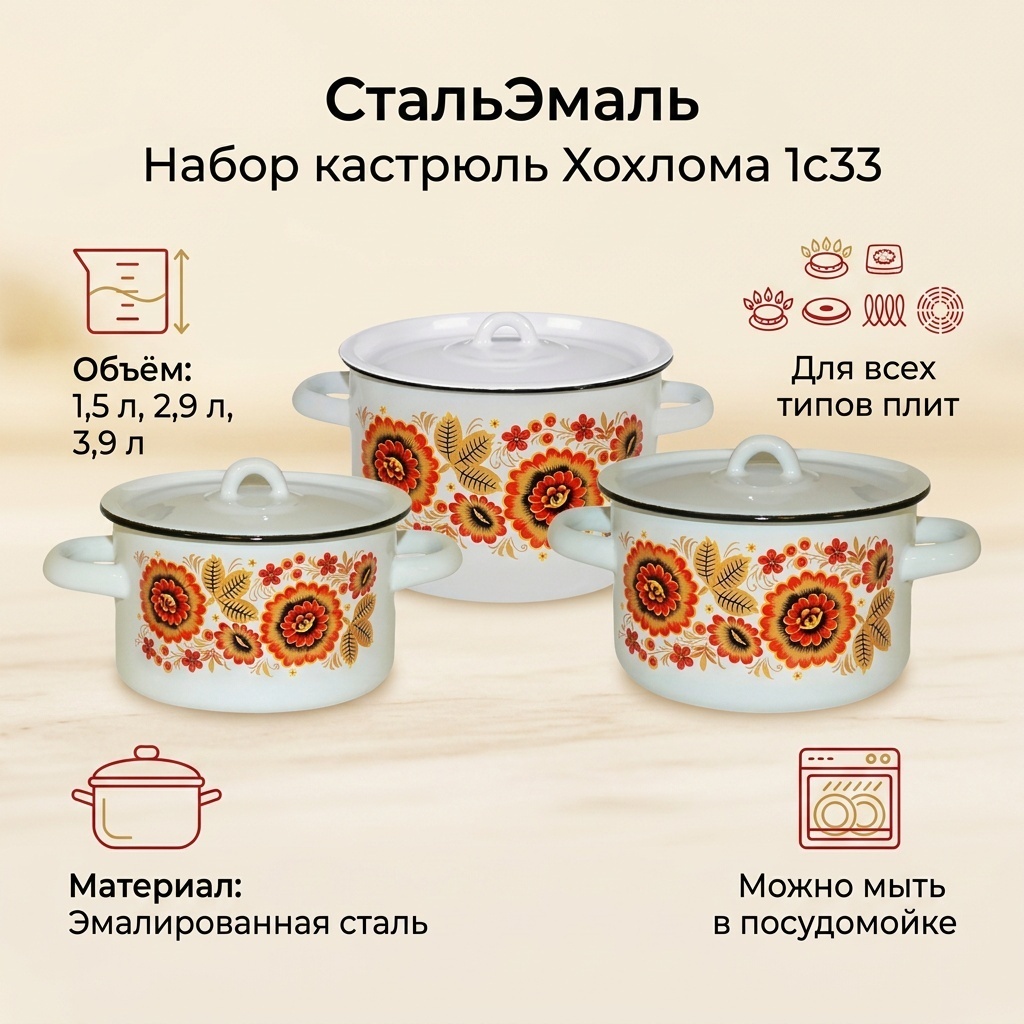 Набор кастрюль СтальЭмаль 3 в 1