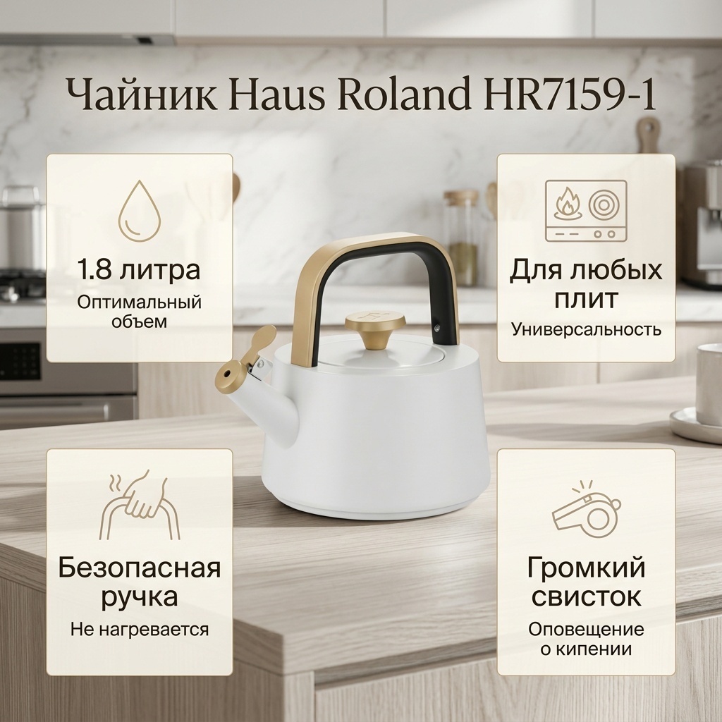 Haus Roland чайник HR7159-1 1.8 л, сталь, нержавеющая сталь