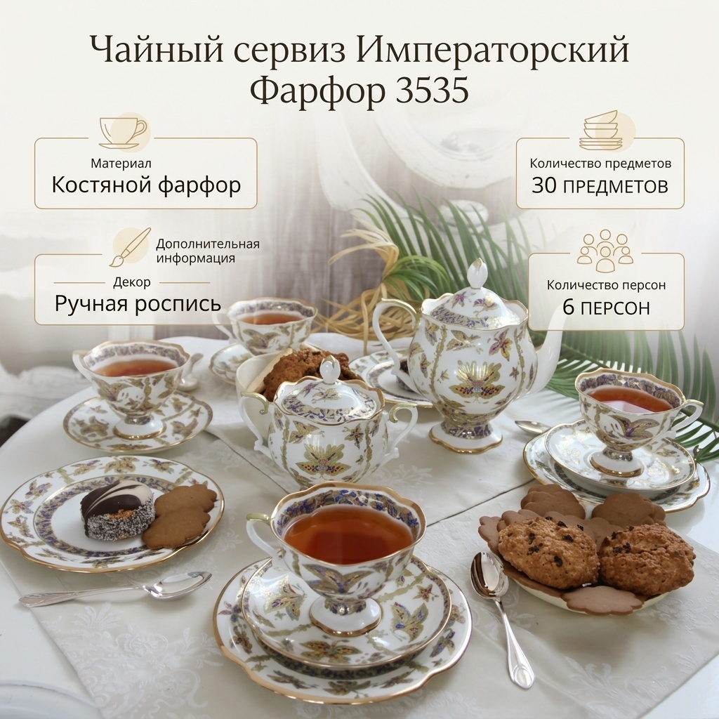 Сервиз на 6 персон Императорский Фарфор узор, предметов: 30, чайный, костяной фарфор