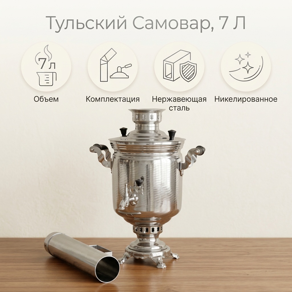 Тульский Самовар самовар 12345 7 л, нержавеющая сталь, пластик
