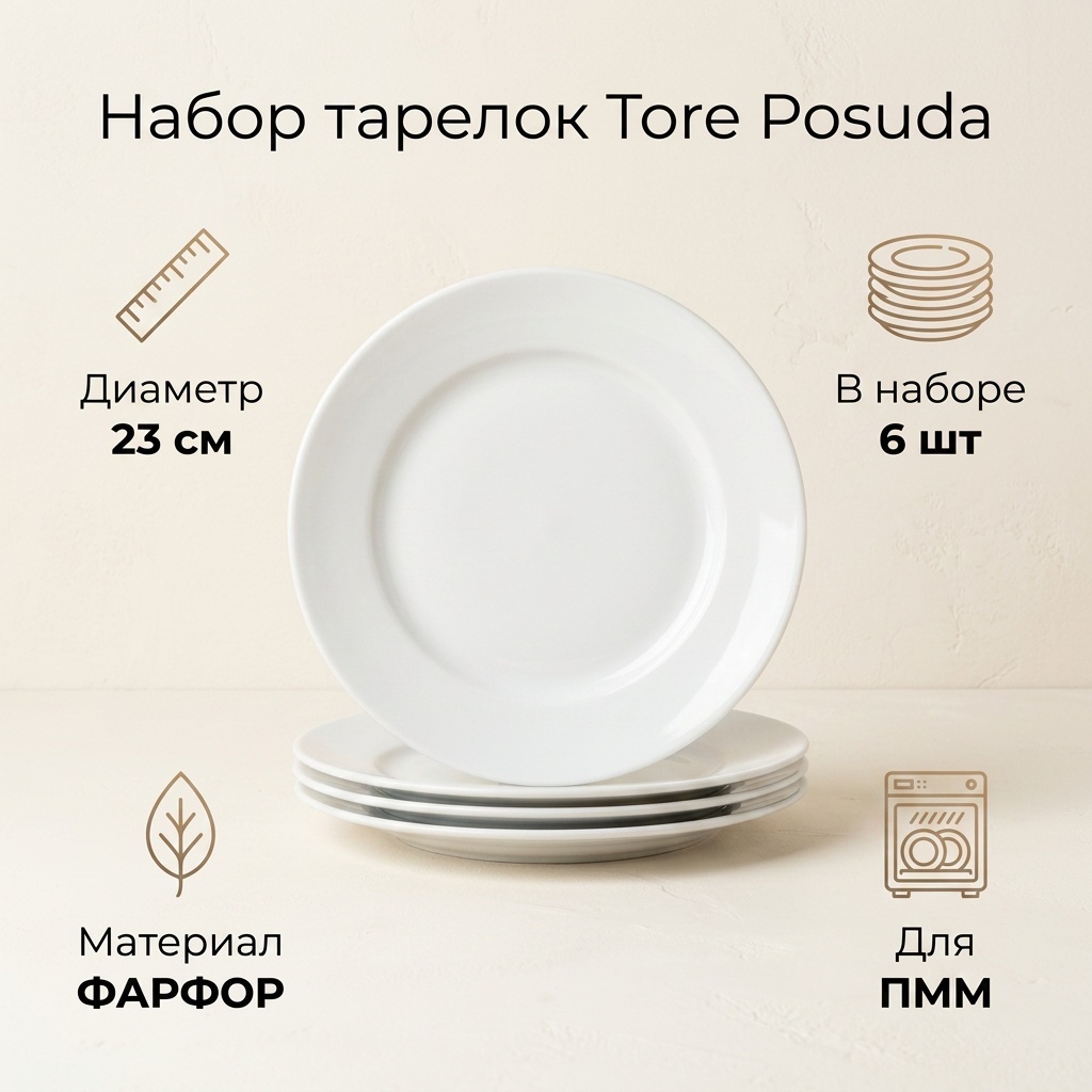 Набор тарелок Tore Posuda 23 см, 6 шт, фарфор