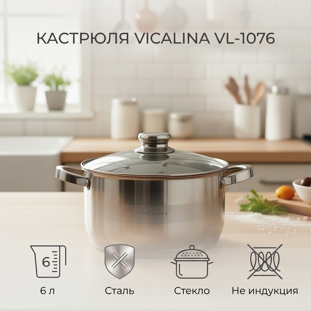 Кастрюля 6 л, Vicalina VL-1076 нержавеющая сталь