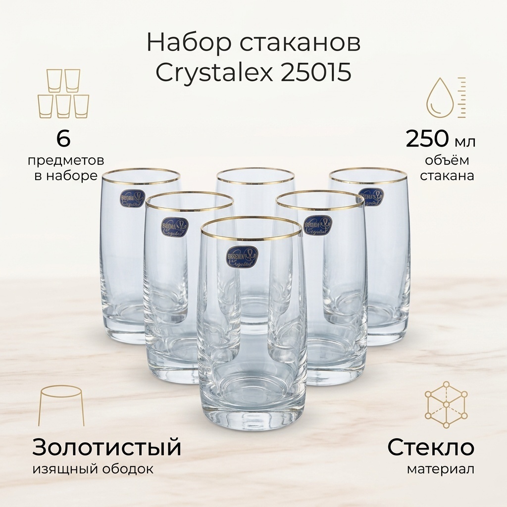 Набор стаканов Crystalex 250 мл, стекло, 6 шт