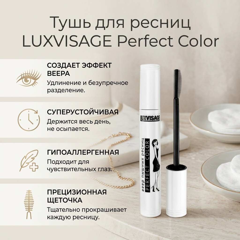 Тушь для ресниц LUXVISAGE Perfect Color удлиняющая черный