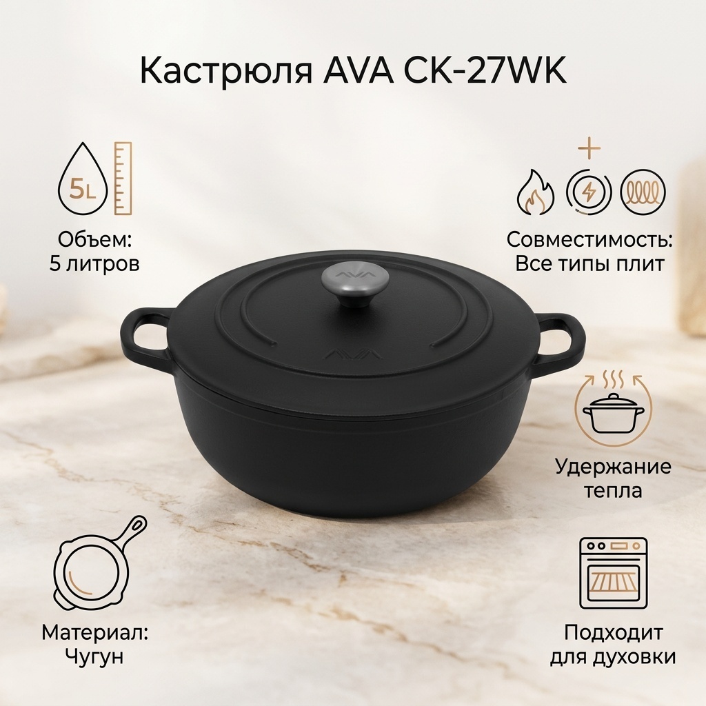 Кастрюля 5 л, AVA CK-27WK чугун