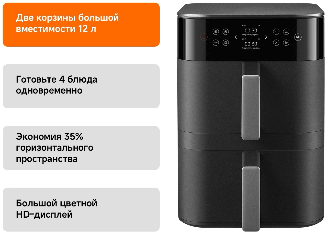 Двойной аэрогриль Xiaomi Dual Zone Air Fryer 12 л черный