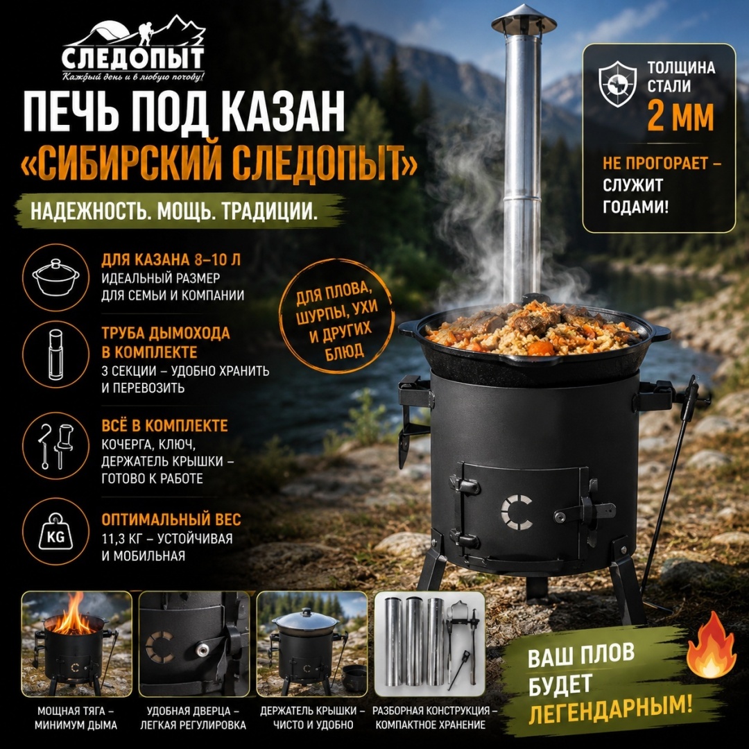 8-10л "СИБИРСКИЙ СЛЕДОПЫТ", d340, сталь 2мм, с трубой