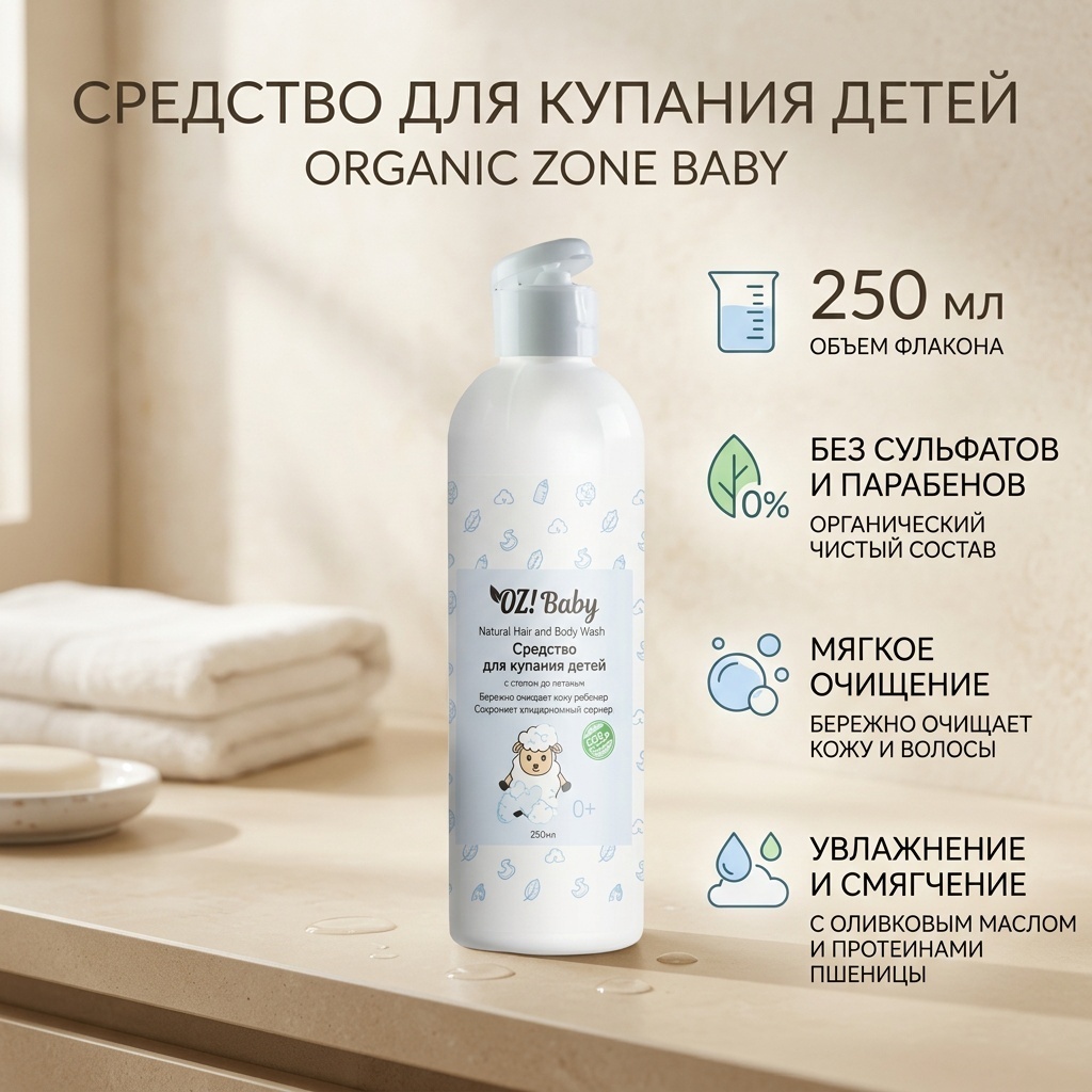 Organic Zone Baby средство для купания детей гель-шампунь 250 мл