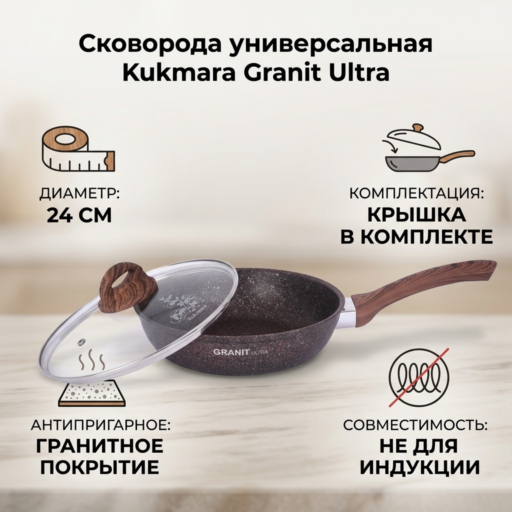 Сковорода Kukmara Granit ultra 24 см с антипригарным покрытием, алюминий