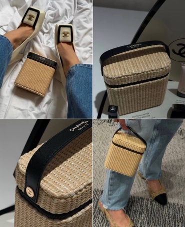 Бьюти-кейс экокожа, рафия черный, бежевый 14X12 см