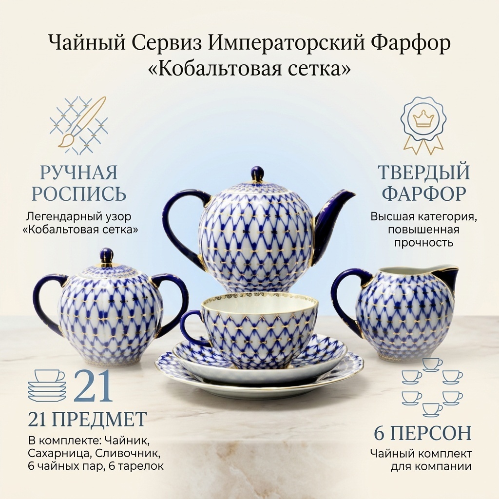 Сервиз на 6 персон Императорский Фарфор Кобальтовая сетка, предметов: 21, чайный, фарфор