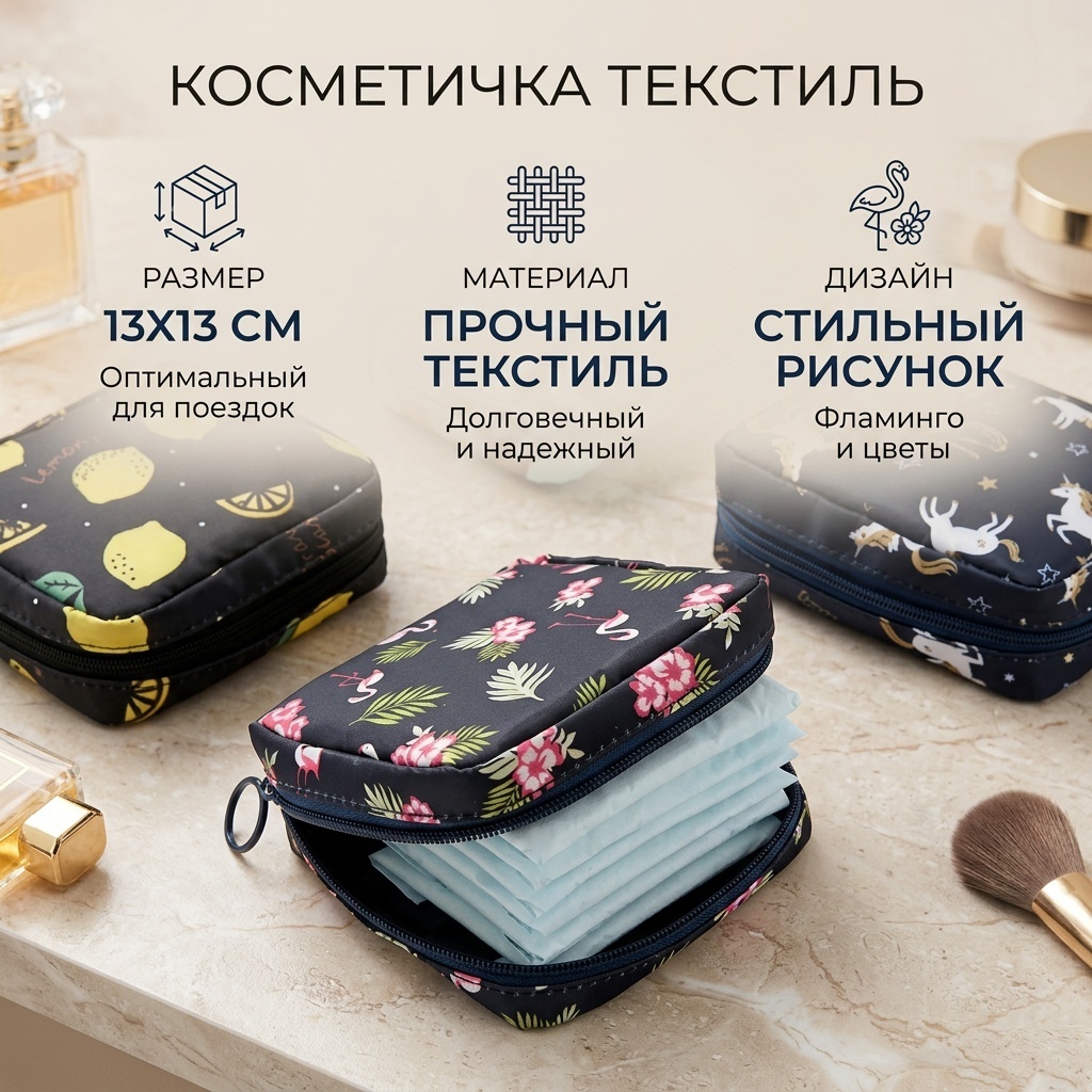 Косметичка текстиль синий 13X13 см