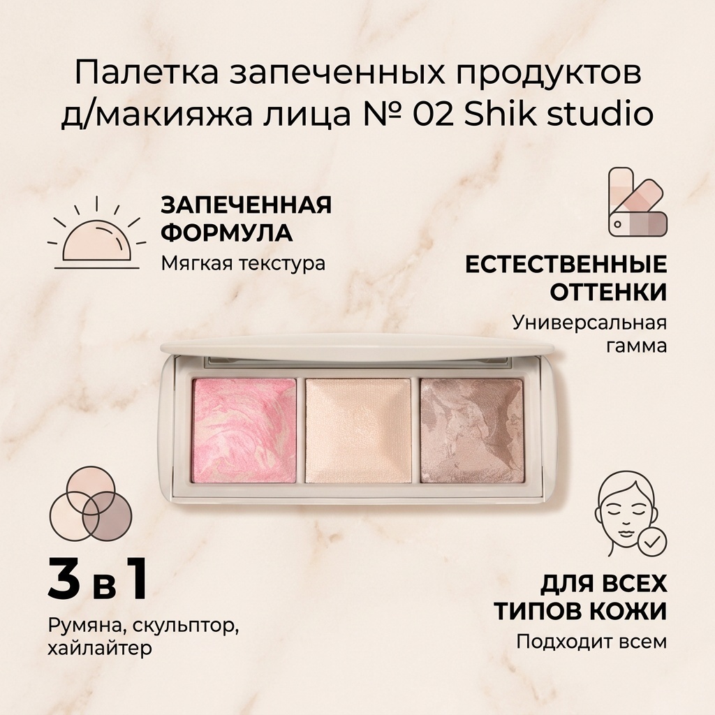 Shik studio Палетка запеченных продуктов д/макияжа лица № 02 румяна, скульптор, хайлайтер 02