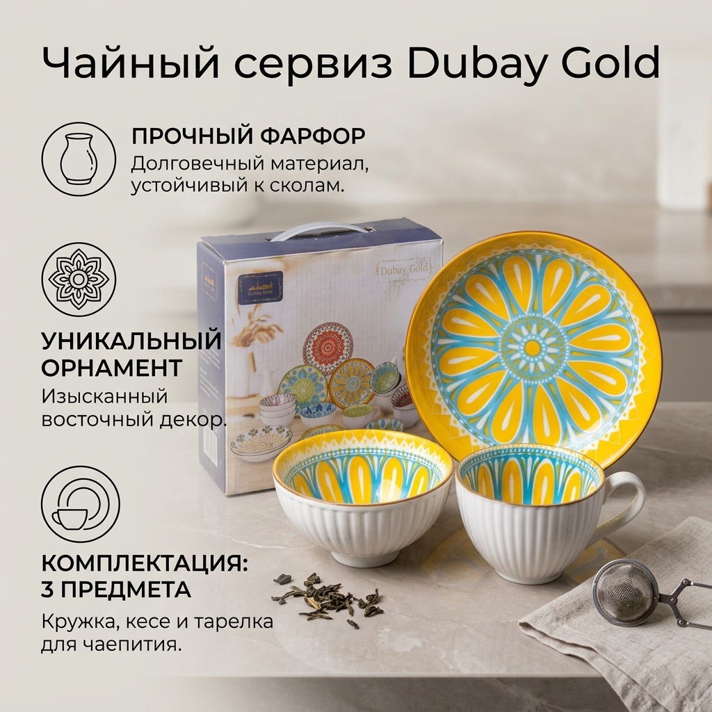 Сервиз на 1 персону Dubay gold , предметов: 3, чайный, фарфор