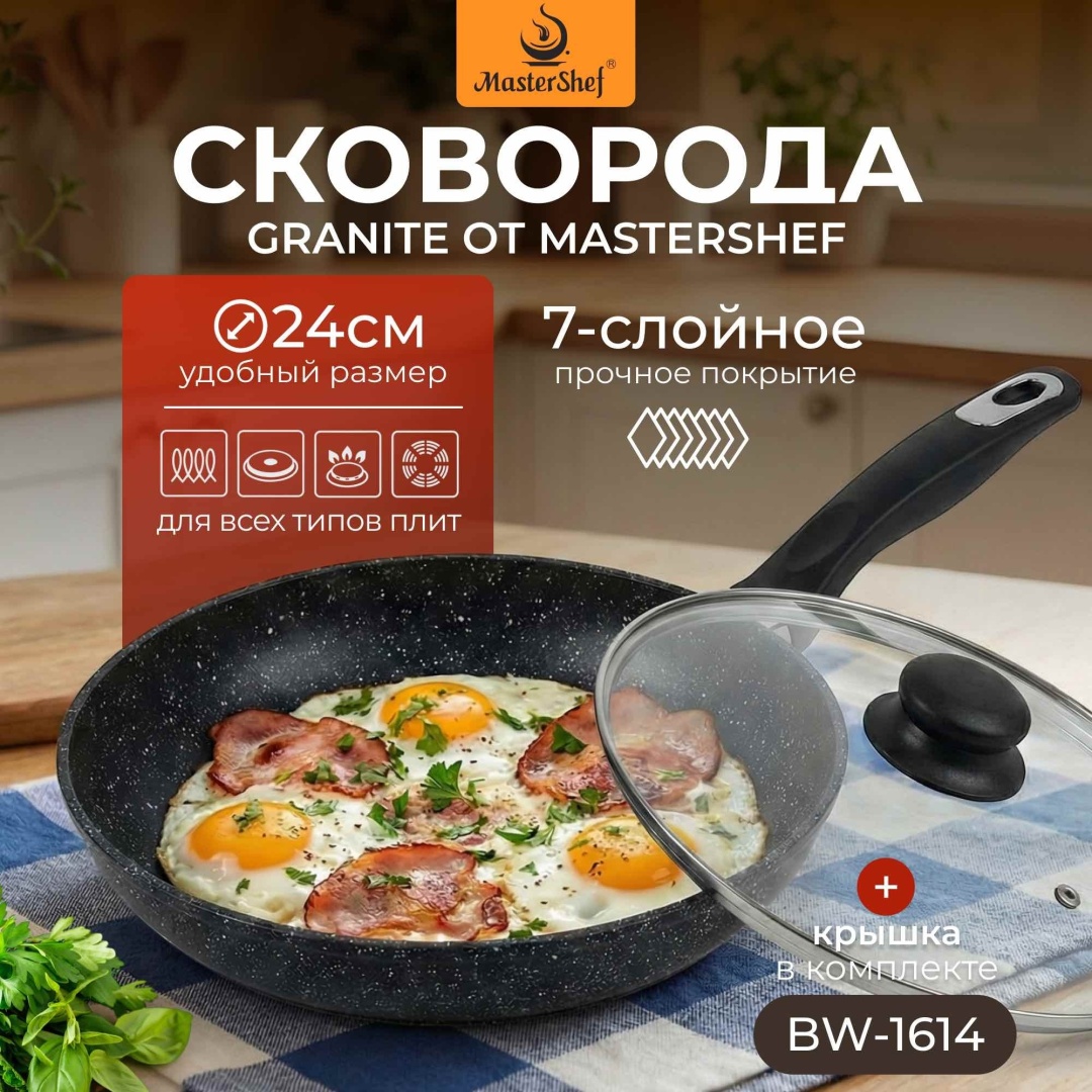 Сковорода MasterShef BW-1614 24 см с антипригарным покрытием, алюминий