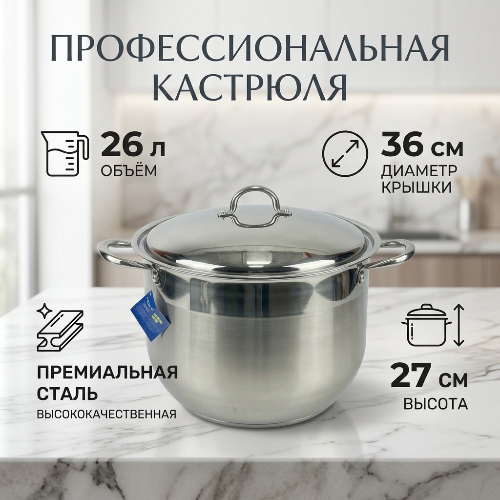 Кастрюля 26 л, 7026 нержавеющая сталь