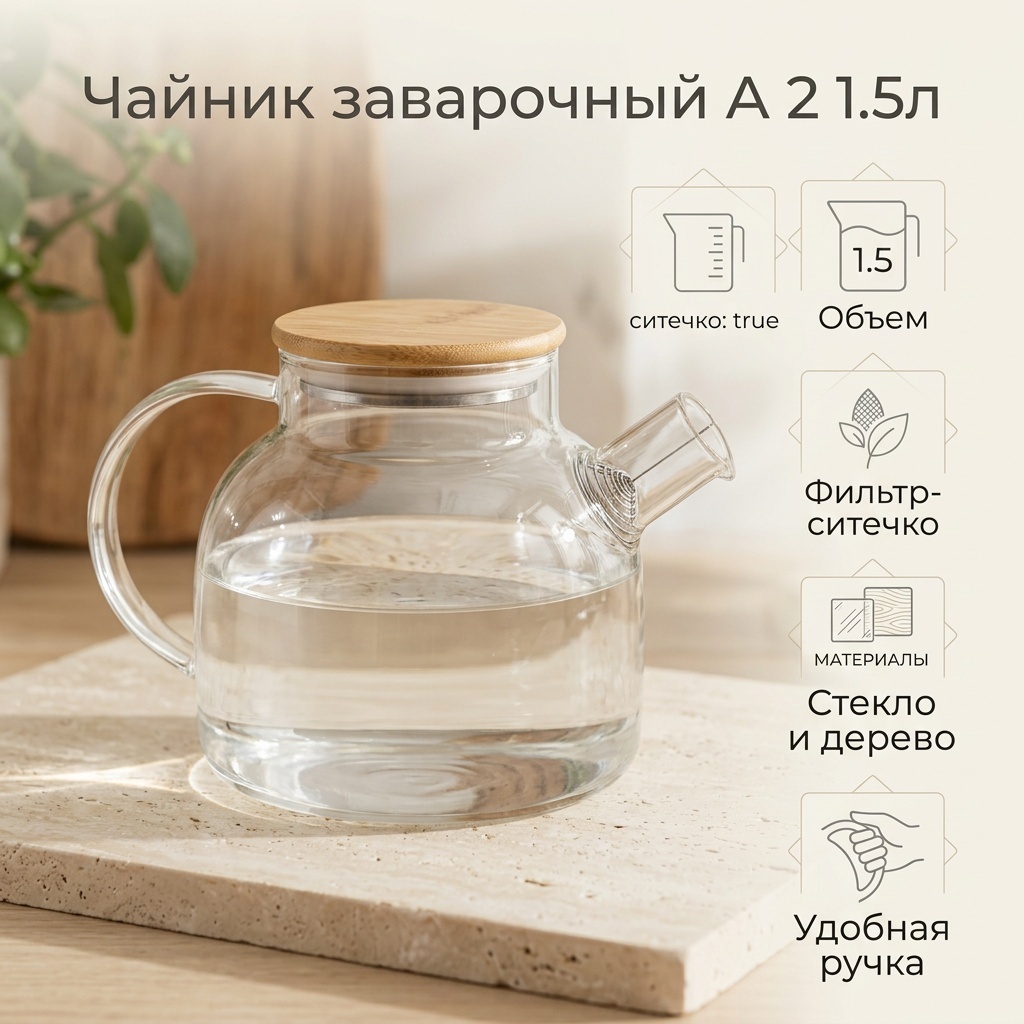 Чайник А 2 1.5 л, стекло, дерево