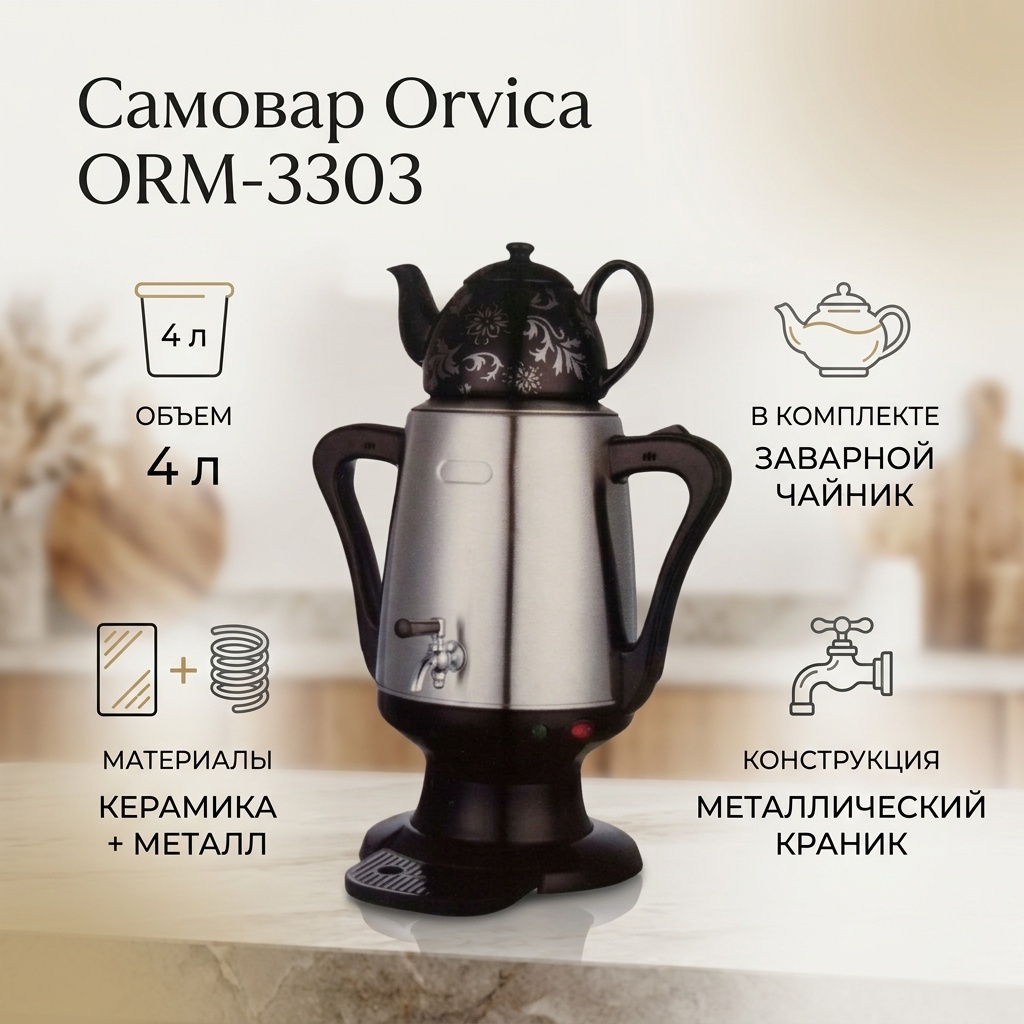Orvica самовар ORM-3303 4 л, керамика, металл