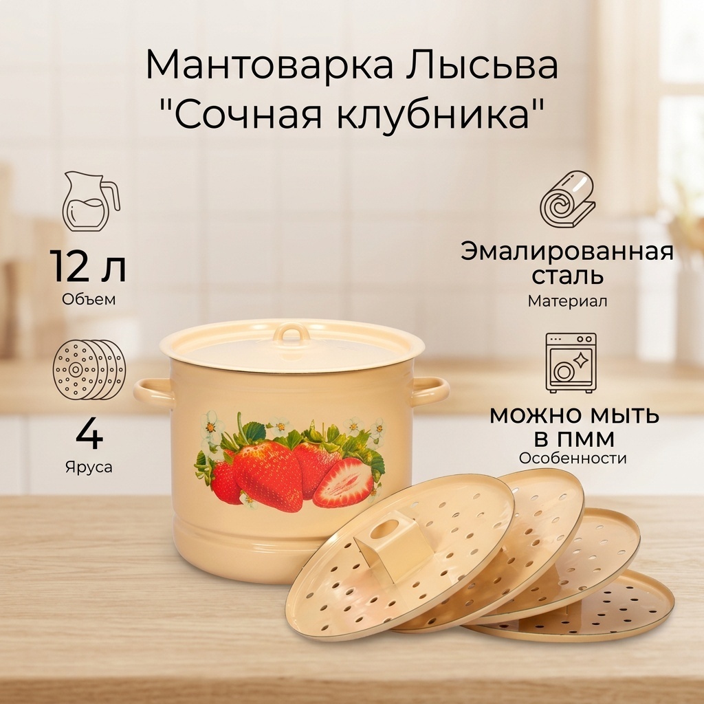 Мантоварка 12 л, Лысьва нержавеющая сталь, количество ярусов: 4