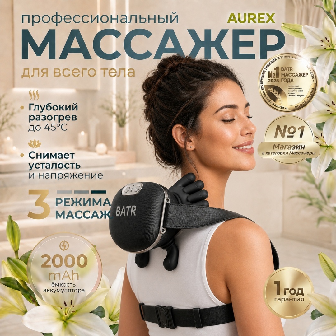 Массажер Ademi черный AUREX воротник 3D-массаж, надавливающий, разминающий, разогревающий