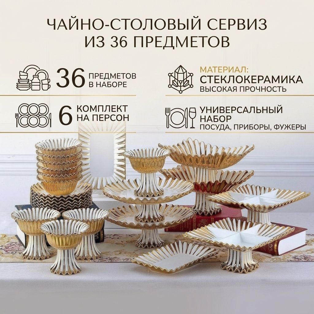 Сервиз на 6 персон , предметов: 36, чайно-столовый, стеклокерамика