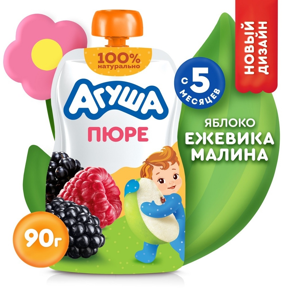 Детское пюре Агуша яблоко, малина, ежевика 90 г, с 5 месяцев