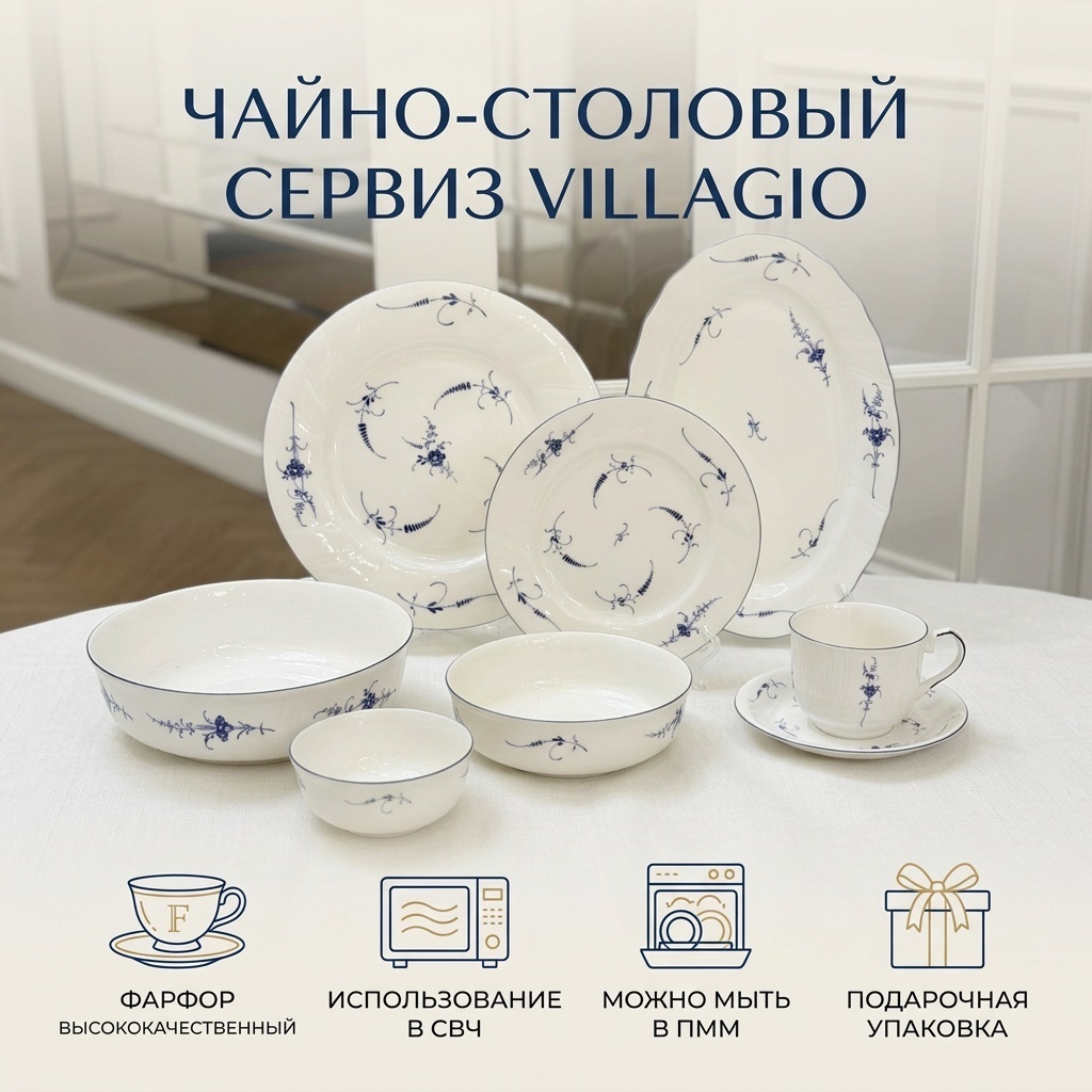 Сервиз на 6 персон VILLAGIO цветочный, предметов: 40, чайно-столовый, фарфор