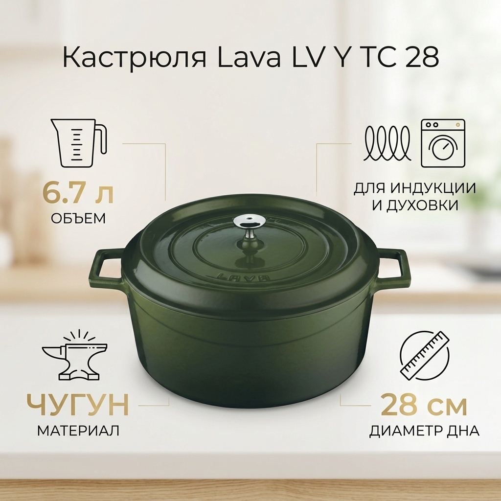 Кастрюля 6.7 л, Lava LV Y TC 28 чугун