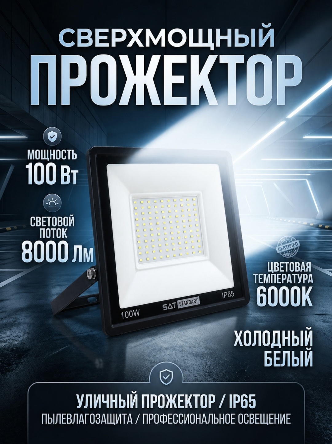 Прожектор на кронштейне sat 100 Вт, холодный белый