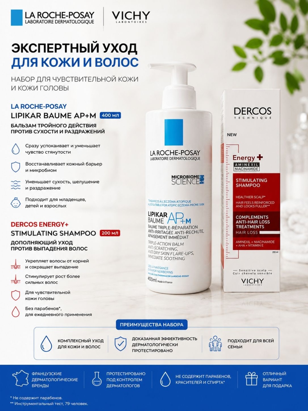 Vichy La Roche-Pasay Lipikar AP+M 400 мл + Vichy Dercos Energy+ шампунь 200 мл бальзам для тела 400 мл