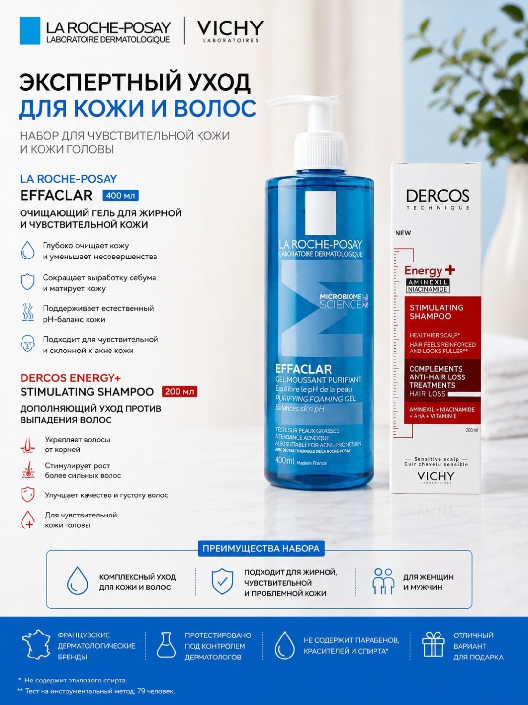 Vichy La Roche-Pasay Effaclar гель для умывания + Vichy Dercos Energy+ шампунь гель-пенка 400 мл