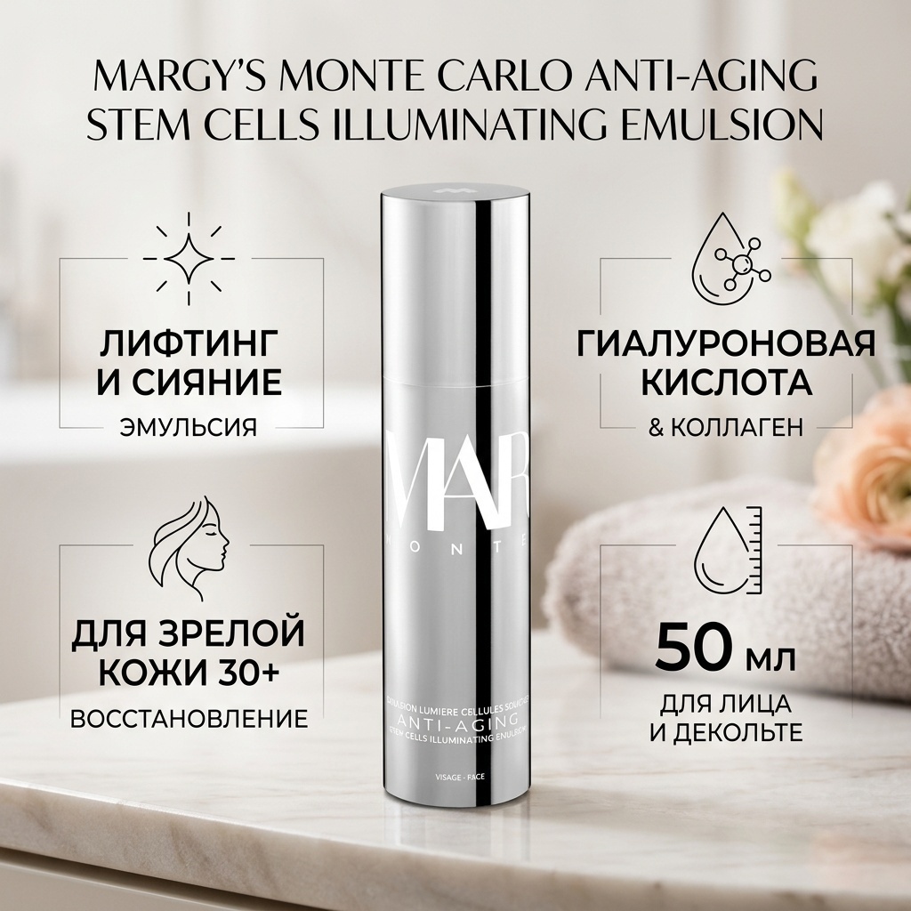 Margys Monte Carlo эмульсия Anti-Aging Stem Cells Illuminating Emulsion для лица, для зоны декольте 50 мл