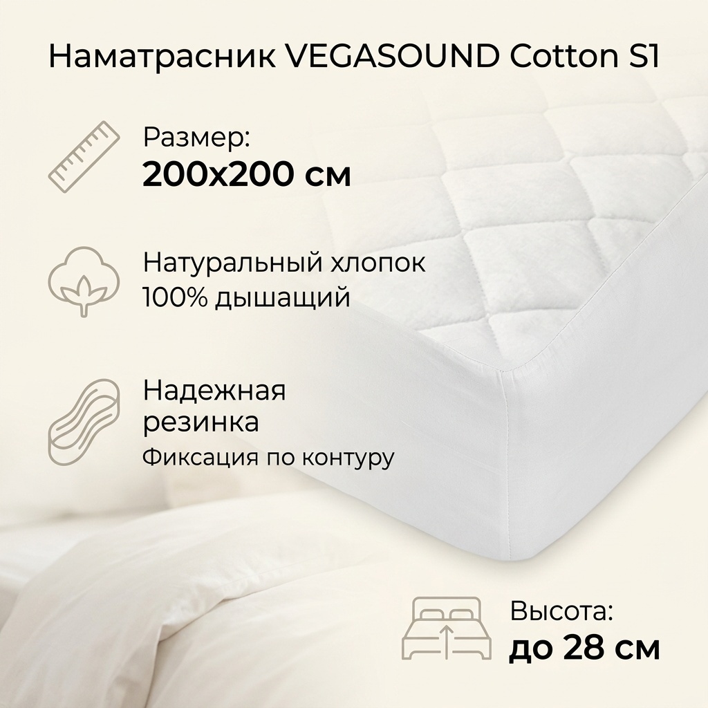 VEGASOUND наматрасник на резинке Cotton S1 200x200, хлопок