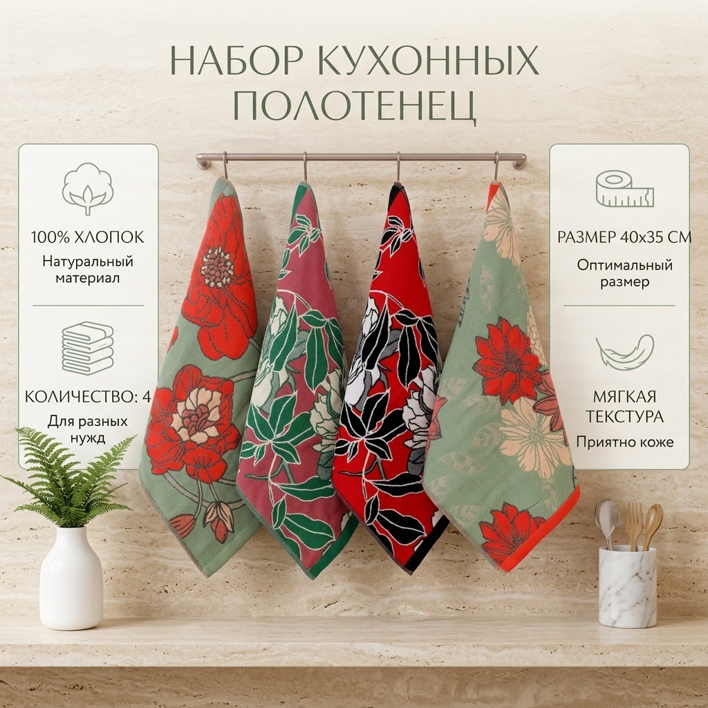 Набор полотенец 40x35 см, хлопок, 4 шт,