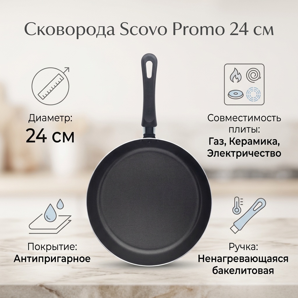 Сковорода SCOVO Promo 24 см с антипригарным покрытием, алюминий
