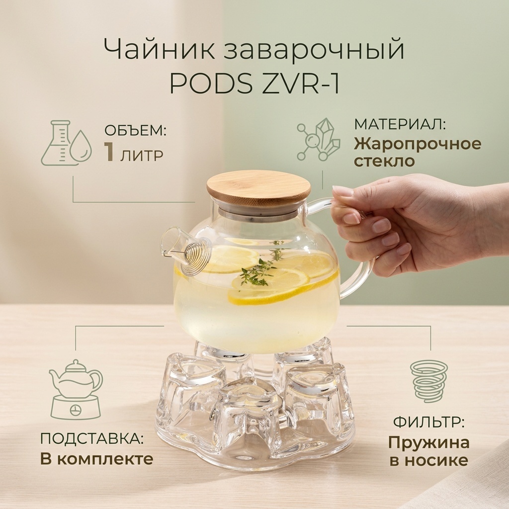 Чайник PODS_ZVR_1 1 л, стекло