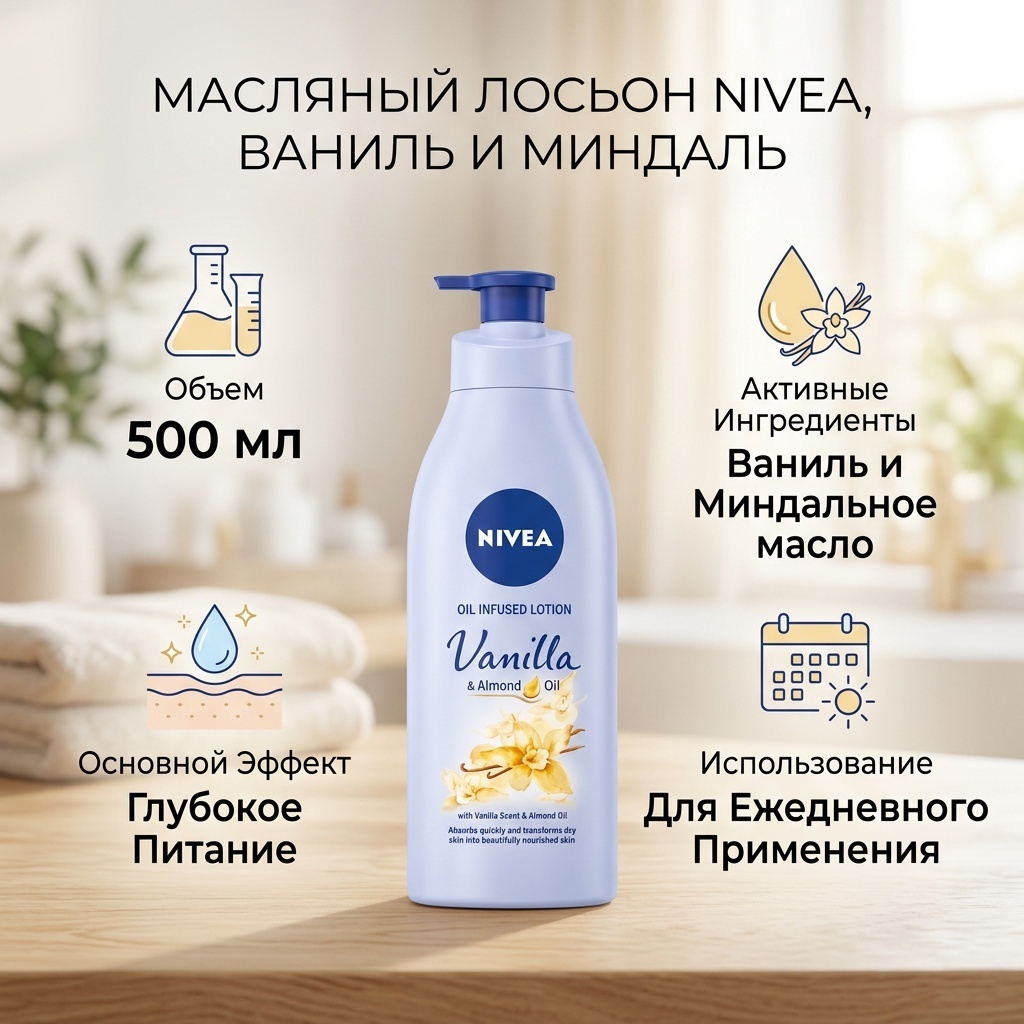 NIVEA Масляный лосьон, ванильное и миндальное масло, 500 мл лосьон для тела 500 мл