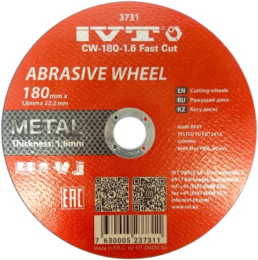 Диск отрезной абразивный 180x22.2х1.6 мм, IVT 3731 CW-180-1.6 Fast cut