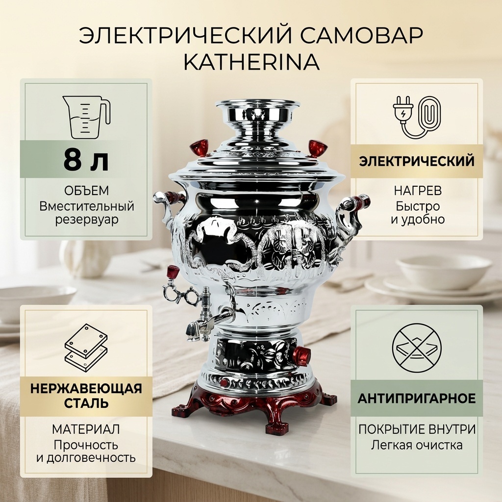 Katherina самовар 838434358 8 л, нержавеющая сталь